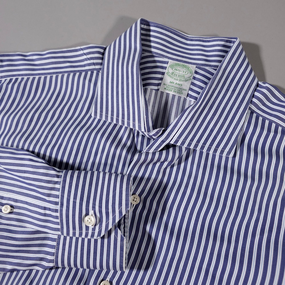 Brooks Brothers‎ Dress Shirt Men 16.5-37 Blue Stripe Milano Egyptian Cotton USA